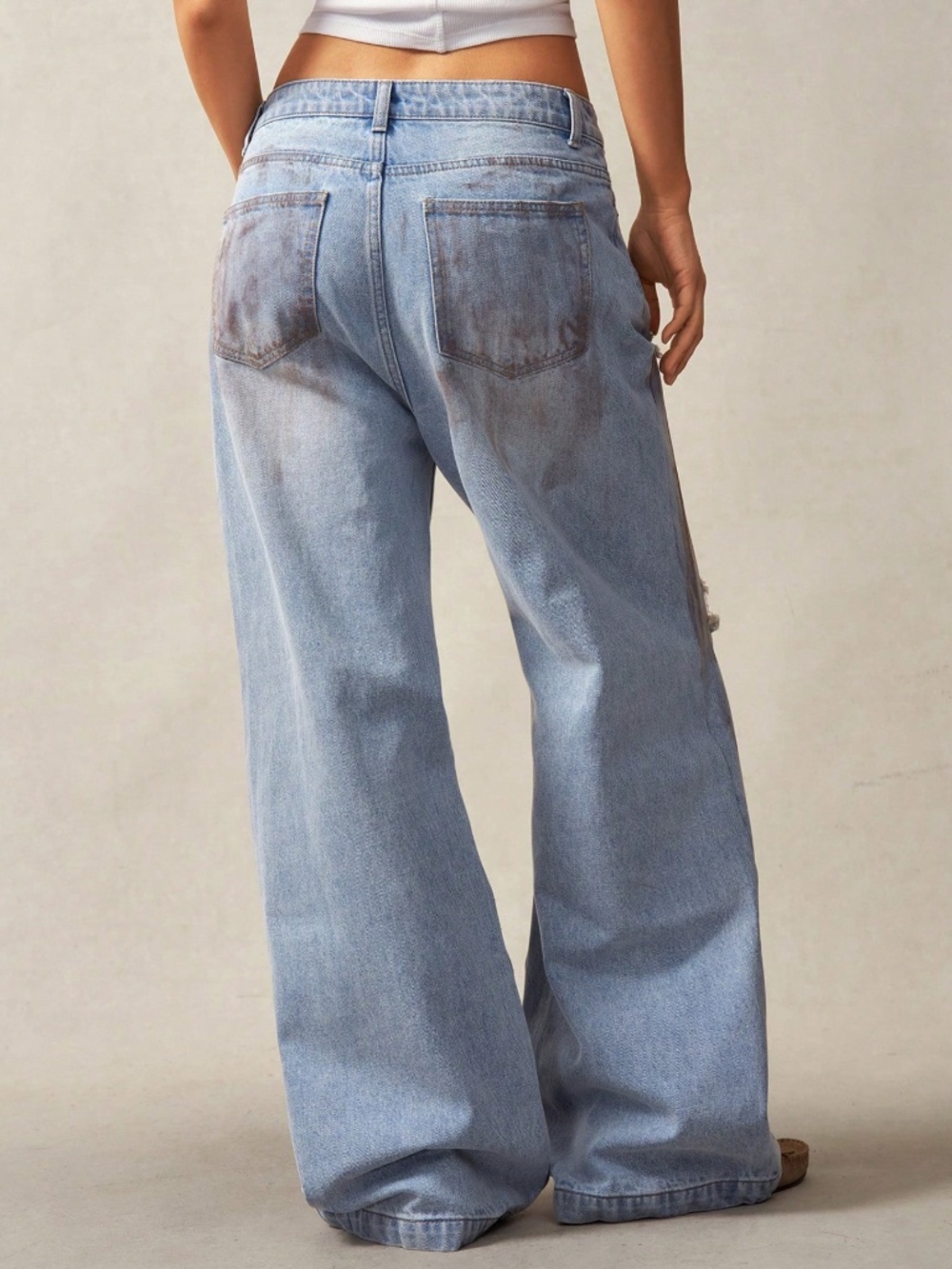 Light Wash Distressed Wide leg Low Waist Denim Jeans pants - Picture 4 of 8